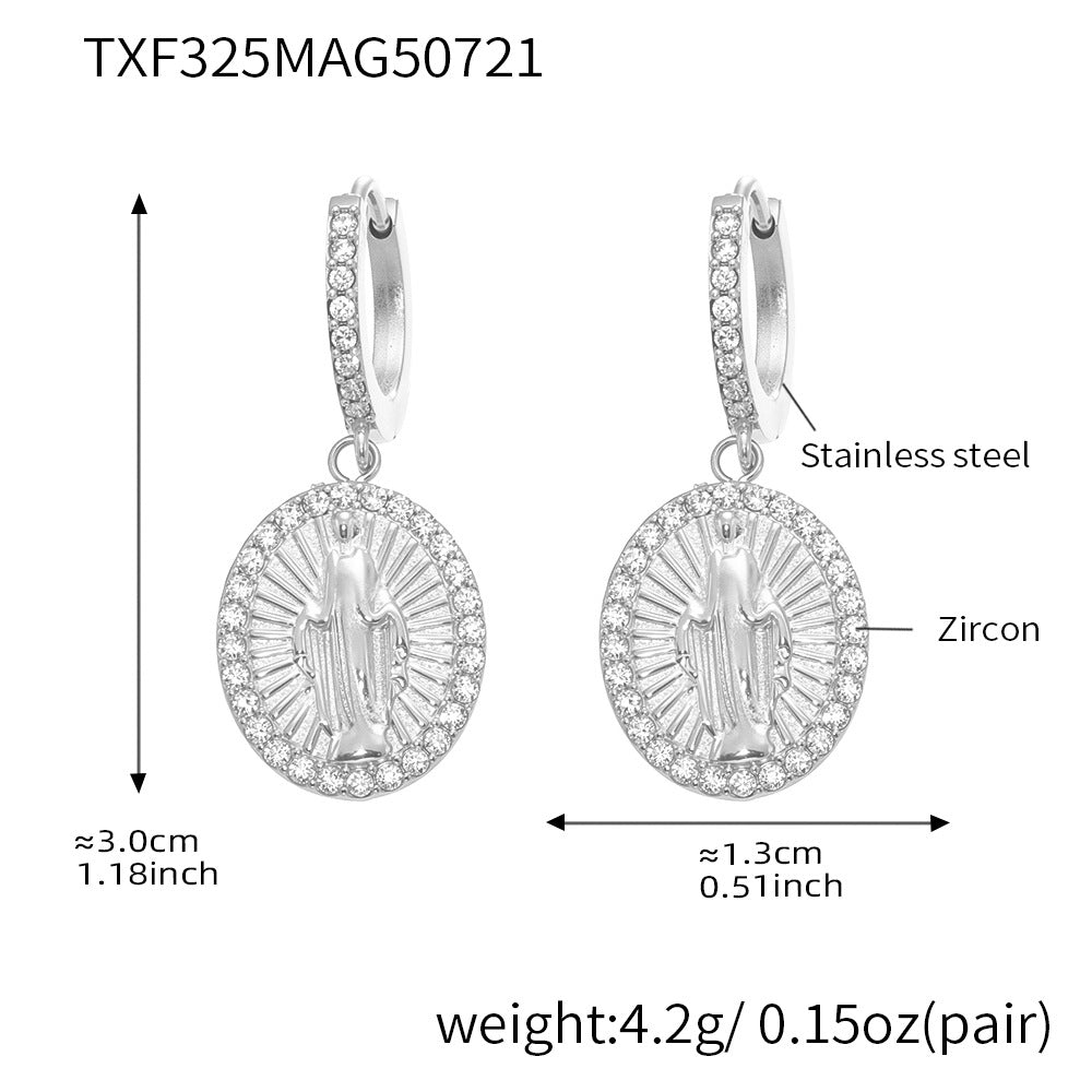 B廠【TXF325】超閃5A鋯石圓牌耶穌滿鑽設計耳環戒指組不鏽鋼18k鍍真金 25.08-2