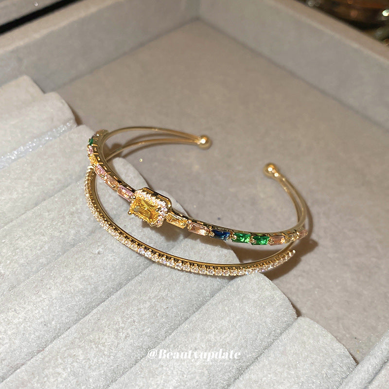 A廠【HB3488】鋯石雙層方形開口手鐲小眾個性設計手環時尚精緻輕奢手飾高級感女 25.02-2