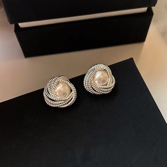 F廠【DQ10745E】S925純銀法式輕奢仿珍珠耳環女線條纏繞珍珠氣質耳飾高級感
 25.08-5