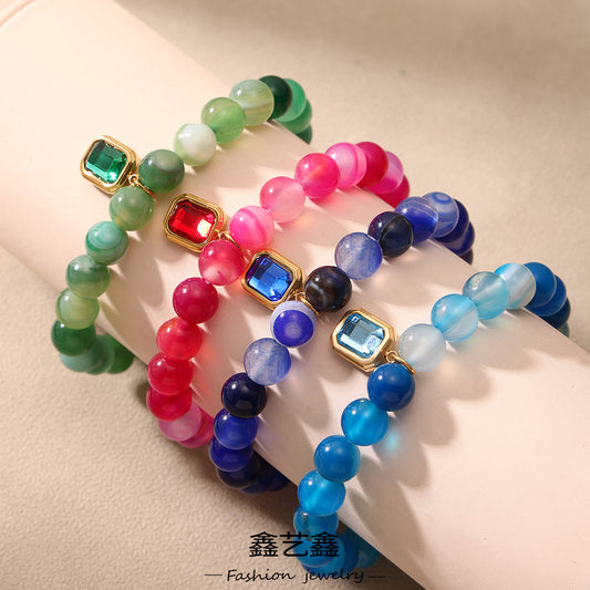 B廠【E661】輕奢小眾設計不鏽鋼方形吊墜瑪瑙石串珠手鍊跨境時尚首飾 25.06-4