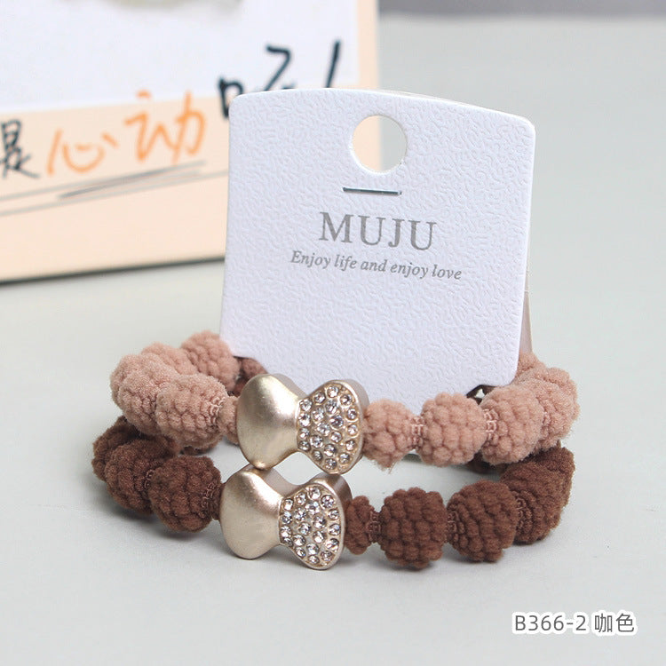 D廠【B366】時尚大豆結吊牌髮飾新款簡約咖色鑲鑽蝴蝶結髮繩2條卡裝皮筋頭繩 24.03-1「D廠-單筆結帳需滿,NT$600出貨(不含運費)」