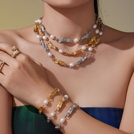 B廠【TXP433】中古氣質淡水珍珠異形重工配件手鍊項鍊套組不鏽鋼18k鍍金
 25.10-3