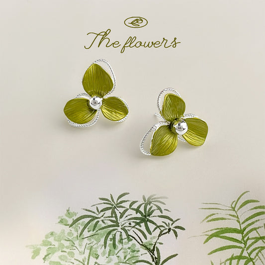 C廠【5864】森系超仙~925銀針三葉草綠色清新甜美自然花朵耳環優雅氣質耳飾女 25.04-4