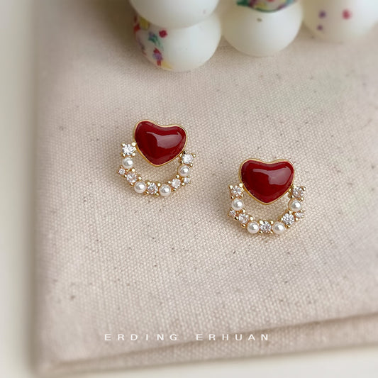 C廠【6251】微鑲鋯石酒紅氣質文藝復古925銀針心型滴釉耳飾新款耳環飾品 25.06-4