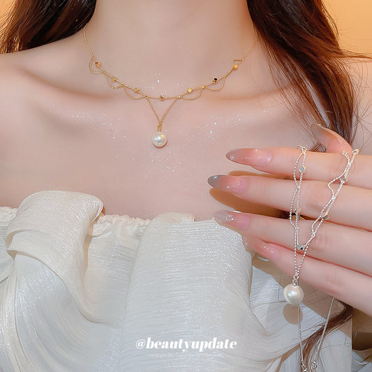 A廠【HN9309】18k真金電鍍花邊珍珠吊墜項鍊時尚簡約小眾鎖骨鍊個性百搭頸鍊女 25.06-4