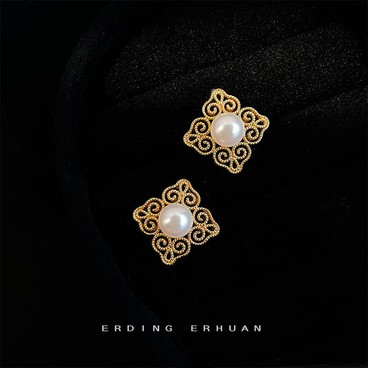 C廠【6556】文藝復古國潮925銀針玻璃珍珠電鍍14K紋樣幾何高級感耳飾耳環 25.08-3