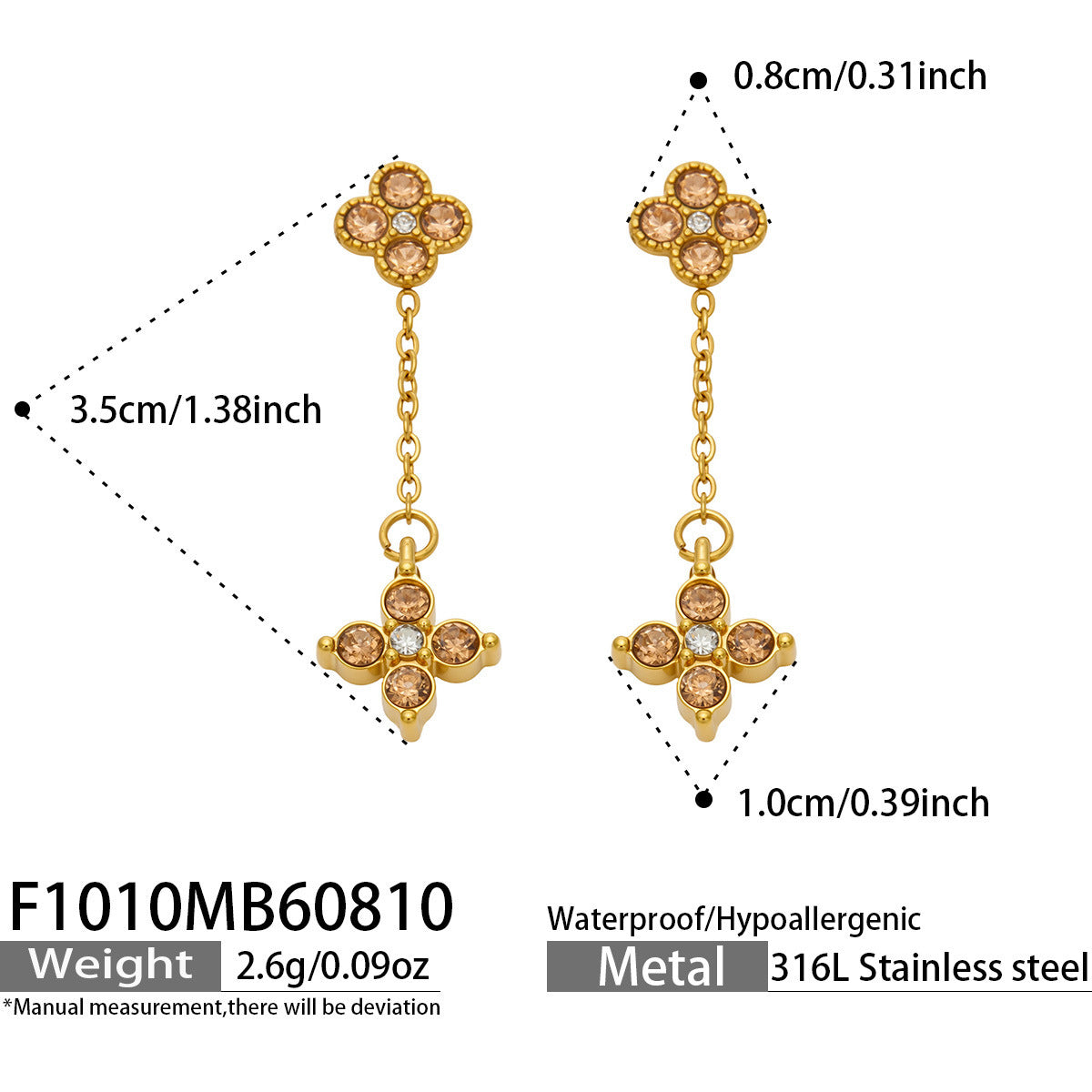 B廠【F1010】新款滿鑽四葉花垂墜耳飾鈦鋼鍍金ins輕奢精緻時尚通勤飾品耳環女
26.08-2