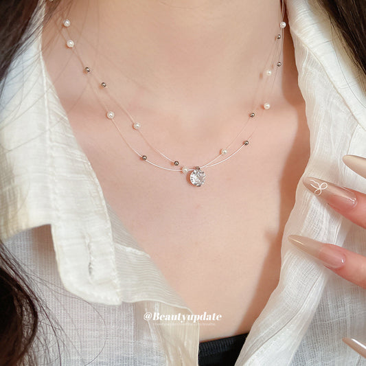 A廠【WN1474】鋯石珍珠串珠幾何圓形吊墜雙層項鍊冷淡風鎖骨鏈輕奢高級感項鍊飾女
 25.10-3