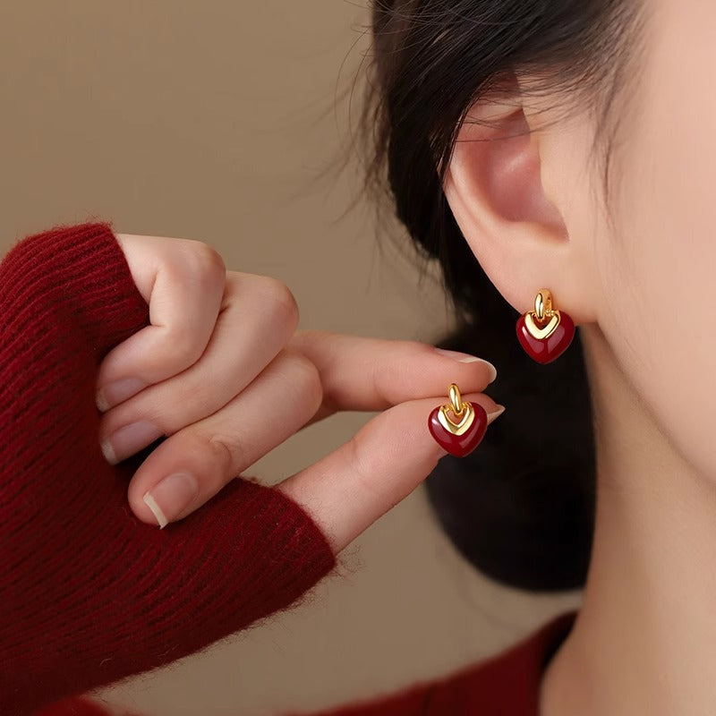 F廠【SE2414】S925銀小眾設計感琺瑯愛心耳環女簡約復古時髦氣質耳飾品 25.05-5