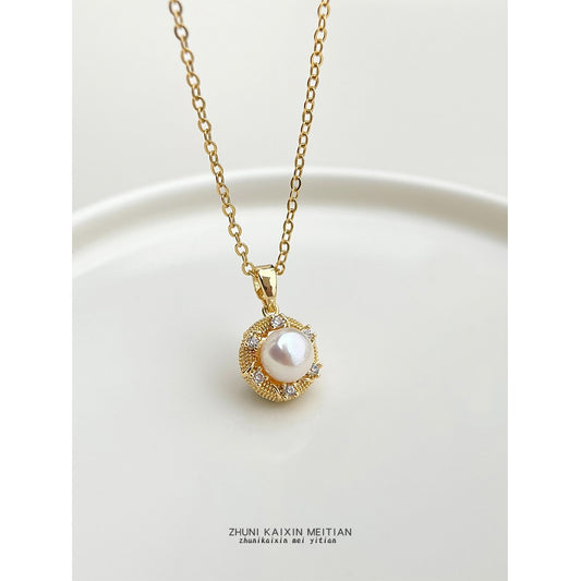 C廠【6643】厚鍍18K真金強保色淡水珍珠微鑲鋯石清新甜美小香風項鍊女 鎖骨鏈
 25.08-5