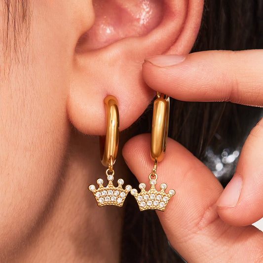 B廠【Q021】歐美飾品不鏽鋼U形皇冠鑲鋯石耳環鍍18k真金時尚耳環不掉色 25.08-5