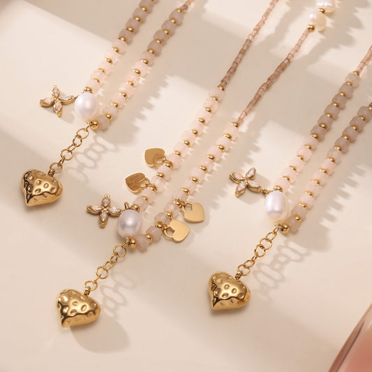 B廠【P1311】歐美飾品不鏽鋼愛心吊墜淡水珍珠穿天然石項鍊精緻女款飾 25.06-2