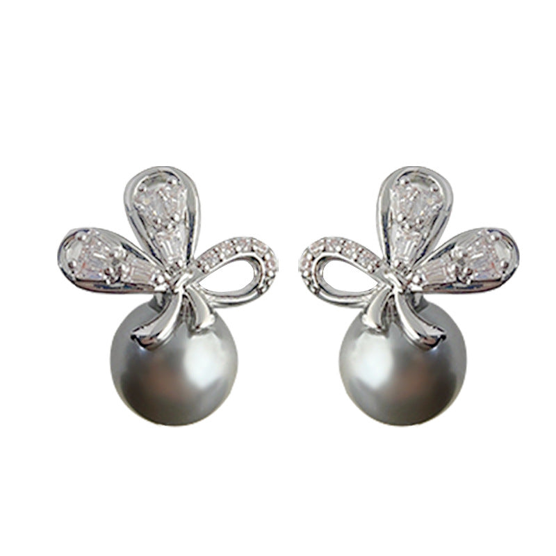 C廠【3968】微鑲鋯石施家玻璃珍珠藝術蝴蝶銀針耳環女氣質高級感灰色耳飾 24.05-5