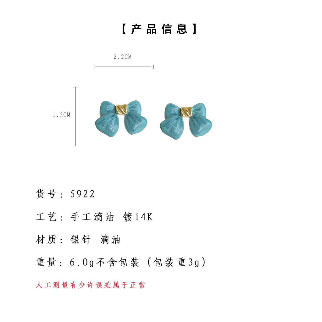 C廠【5922】清新甜美海藍色蝴蝶結手工琺瑯滴釉耳環氣質優雅夏日新款耳飾 25.05-1