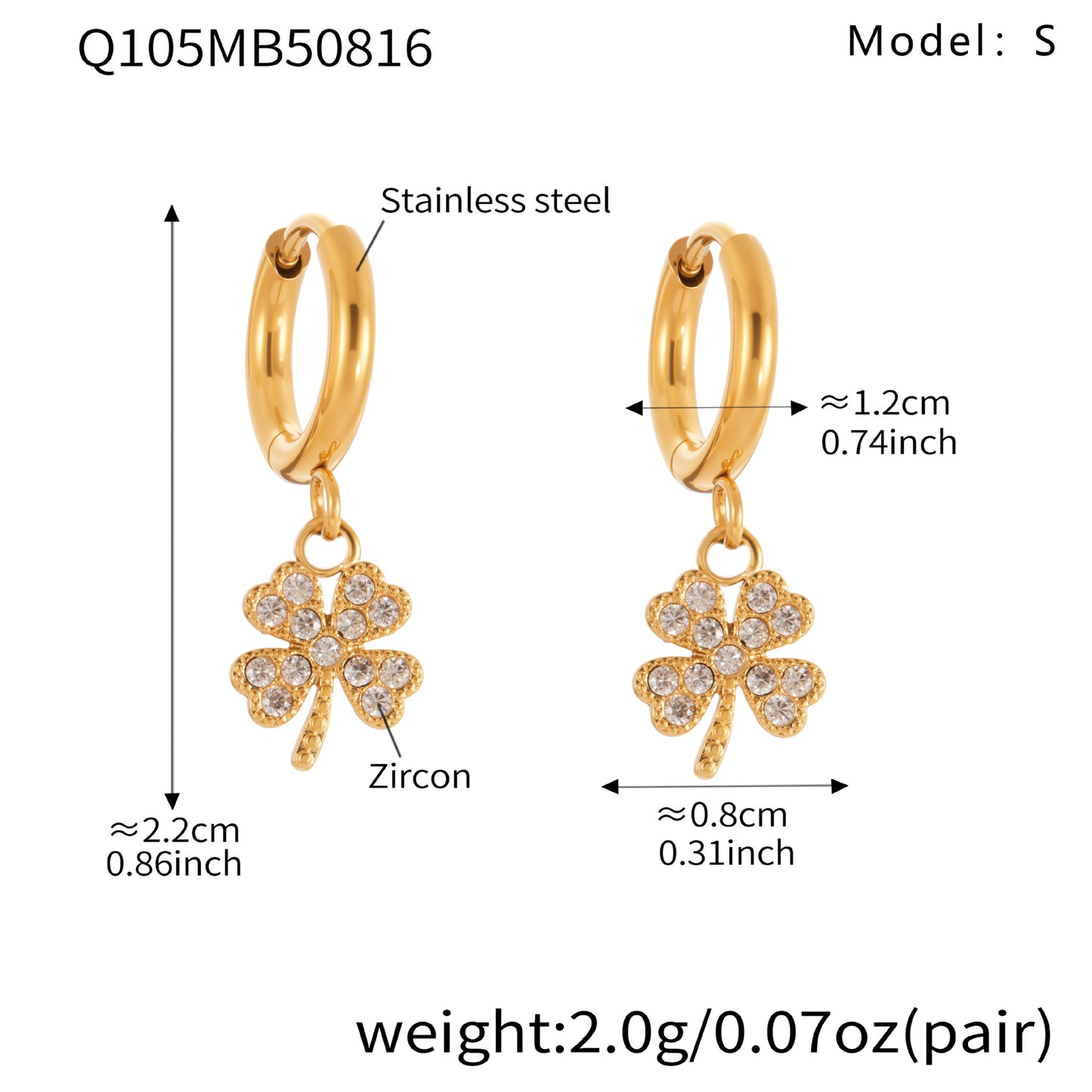 B廠【Q104】跨國新品不鏽鋼幸運草帶鑽耳墜耳環鍍18k真金簡約時尚飾品 25.08-5