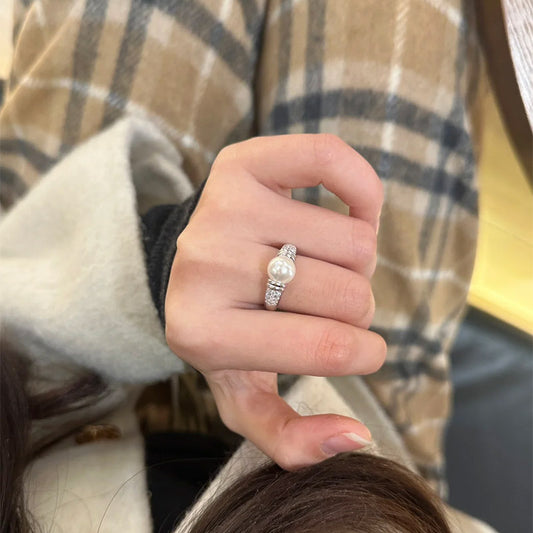 F廠【DQ8359R】中古風施家仿珍珠戒指女S925純銀法式復古高級感小眾開口戒指 25.04-3