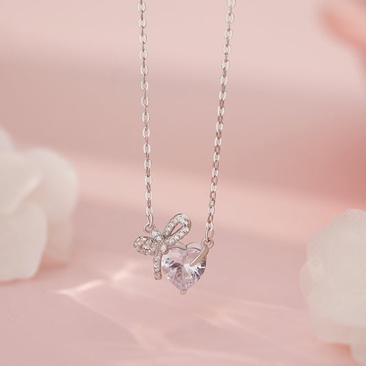 E廠【YC1624N】S999足銀可愛蝴蝶結愛心項鍊女少女感甜美清新小眾鎖骨鏈 25.06-4