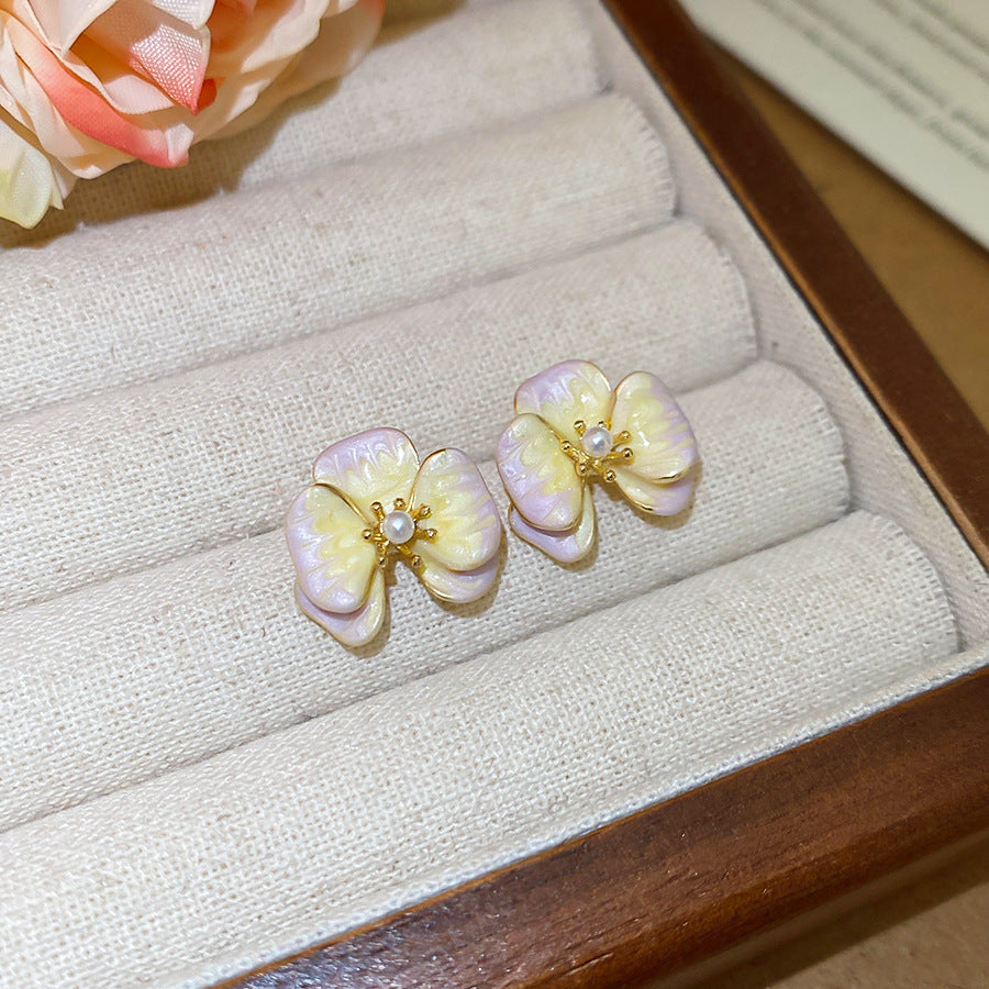 A廠【HE27788】18k真金電鍍925銀針滴油珍珠花朵耳環清新甜美耳環小眾設計感耳飾女 25.07-3