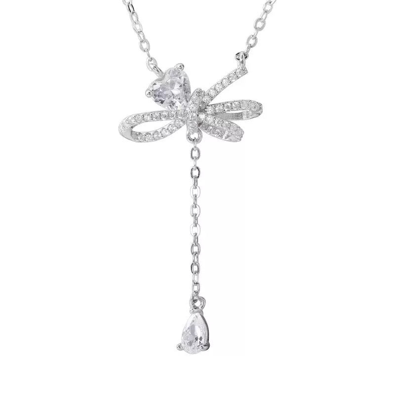 F廠【DQ2093N】S925純銀輕奢小眾蝴蝶結項鍊女愛心閃鋯優雅個性流蘇鎖骨鏈 25.03-2