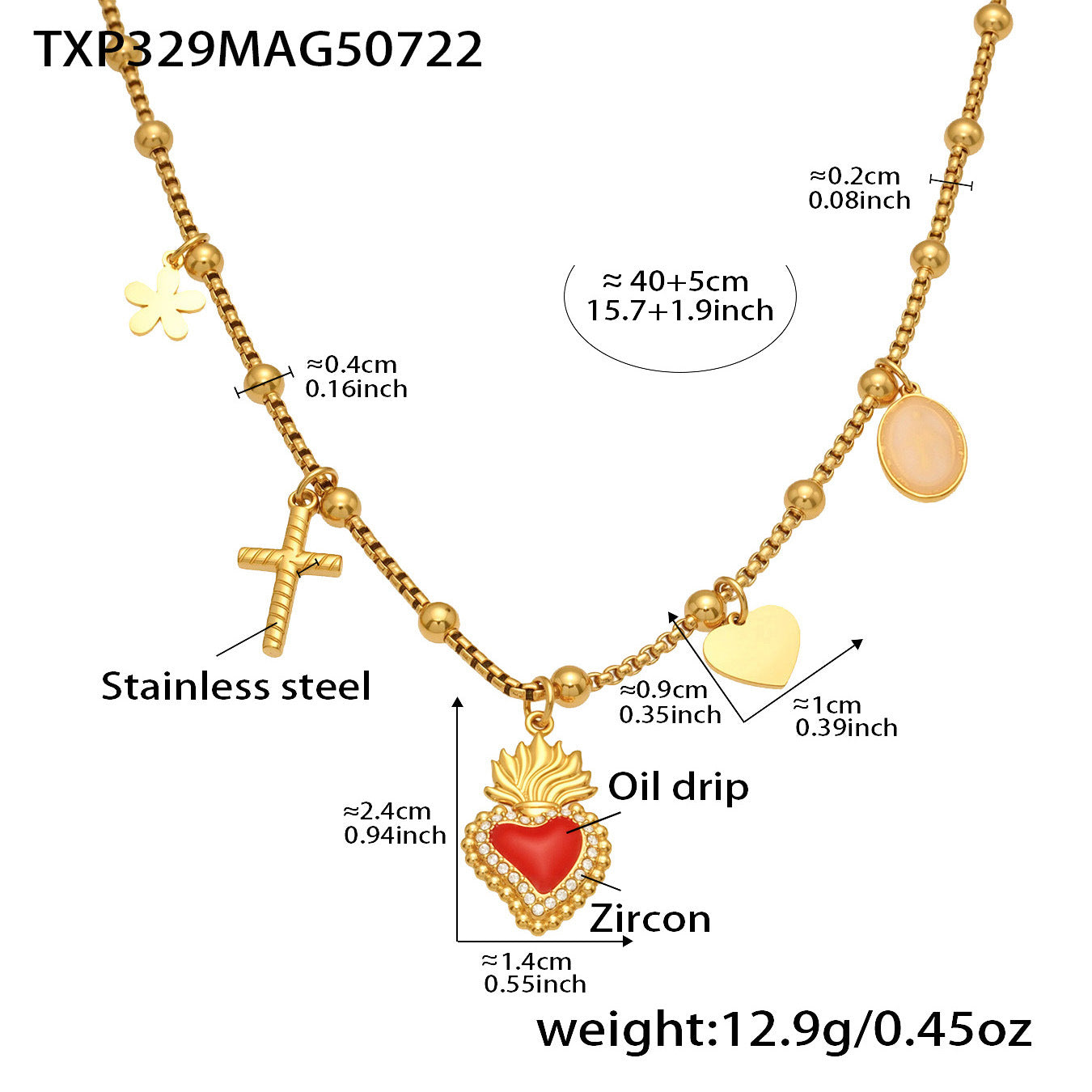 B廠【P1242】超閃5A鋯石皇冠愛心十字架花朵多配件項鍊不鏽鋼18k鍍真金 25.08-1