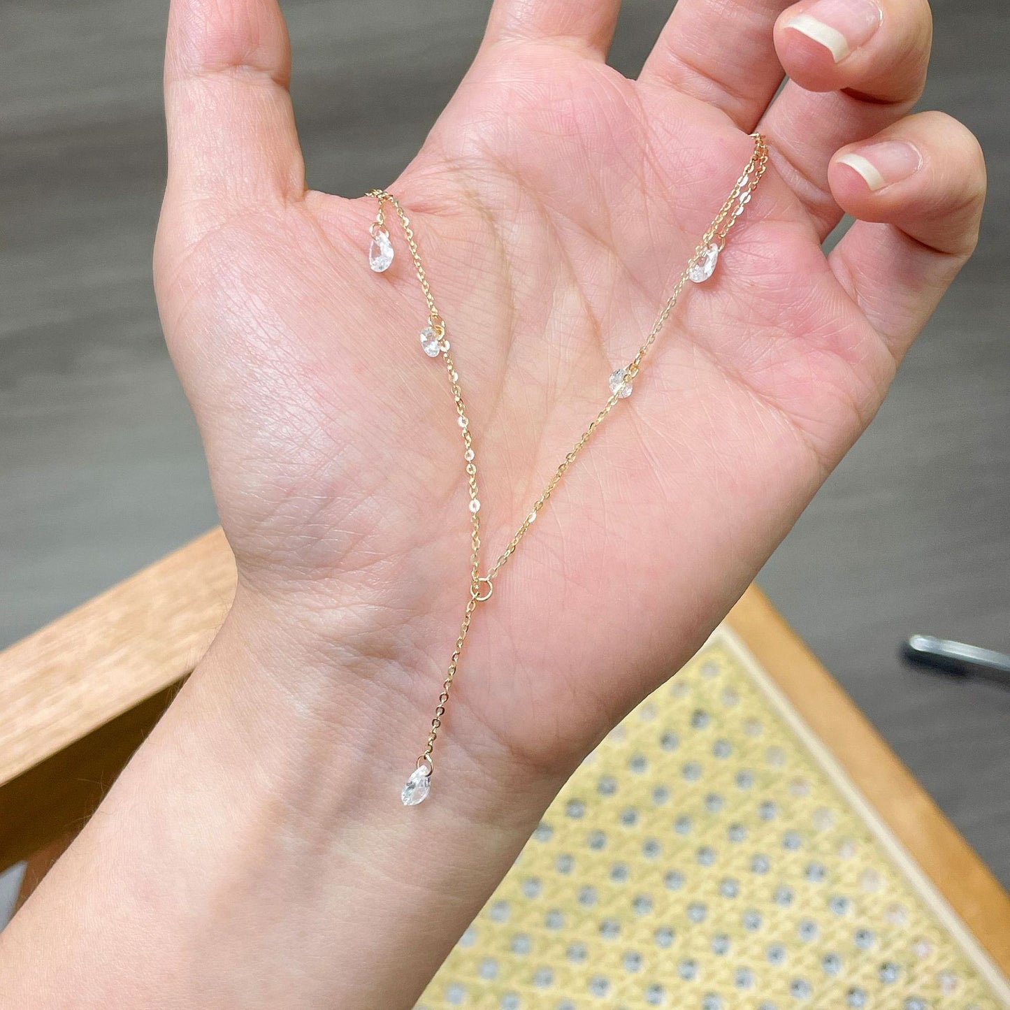 F廠【DQ1157N】S925純銀水滴鋯石鏈條流蘇項鍊女韓系簡約滿天星精緻鎖骨鏈潮 25.06-3