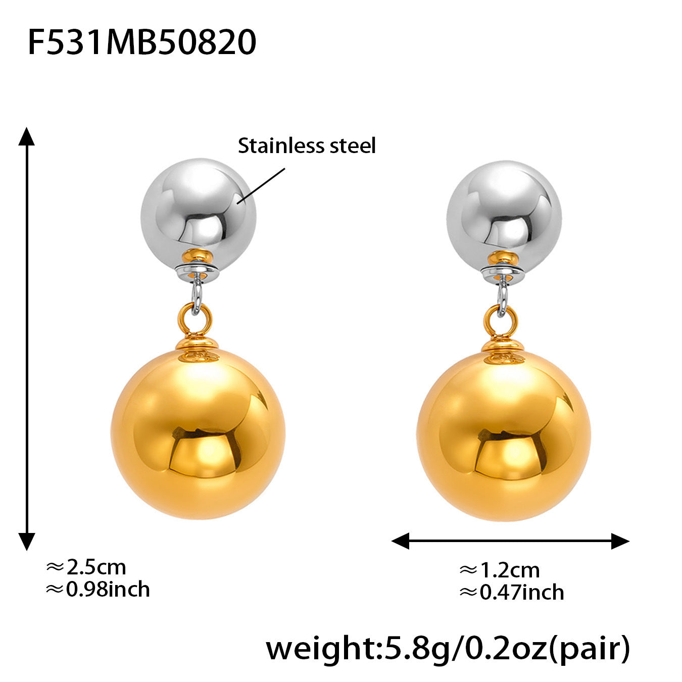 B廠【F531】跨境新款飾品不鏽鋼大小鋼珠耳環小眾空心設計間電18k真金 25.08-5