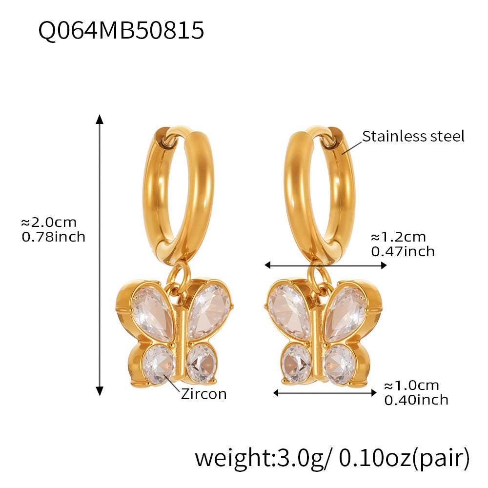 B廠【Q062】歐美飾品不銹鋼蝴蝶吊墜帶鑽耳環鍍18k真金跨境熱銷耳飾女 25.08-5