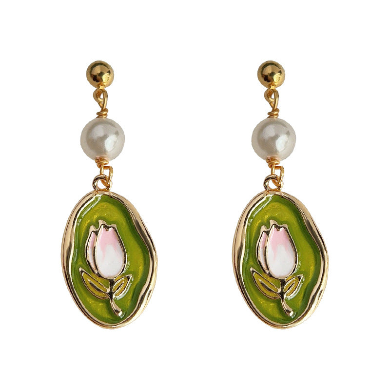 C廠【3873】森系小清新琺瑯滴釉質感鬱金香鍍14K耳環手工設計感甜美耳環 24.04-2