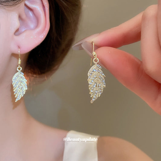 A廠【HE26066】鑲鑽樹葉流蘇耳環輕奢高級感氣質耳鉤個性時尚百搭耳飾設計感小眾 25.04-4