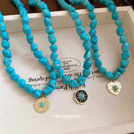 A廠【HN9761】綠石頭串珠圓形心型眼睛吊墜項鍊法式復古鎖骨鏈小眾設計感項鍊飾女 25.08-3