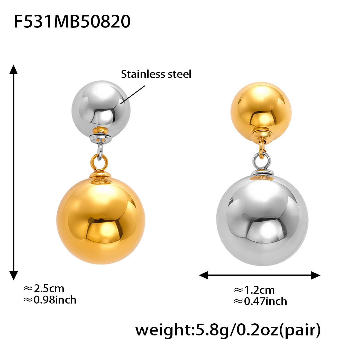 B廠【F531】跨境新款飾品不鏽鋼大小鋼珠耳環小眾空心設計間電18k真金 25.08-5