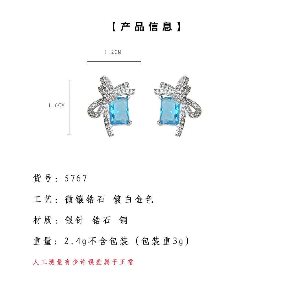 C廠【5767】微鑲鋯石海藍寶色925銀針海灘度假風蝴蝶結新款耳飾甜美耳環 25.03-4