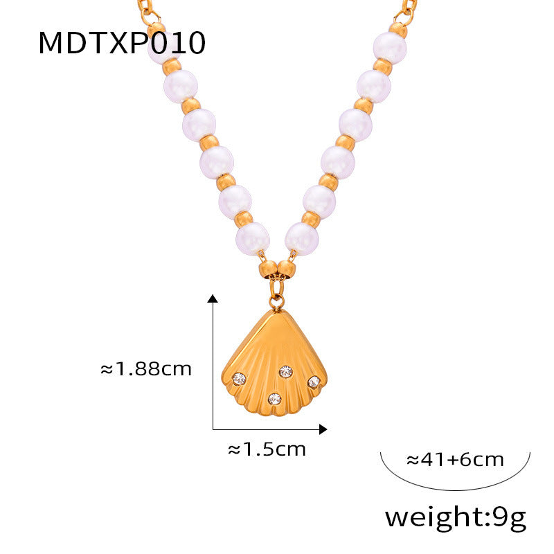 B廠【F010-P010】法式復古貝殼鑲鑽吊墜耳環高級感淡水珍珠項鍊女歐美時尚百搭套裝 24.03-3