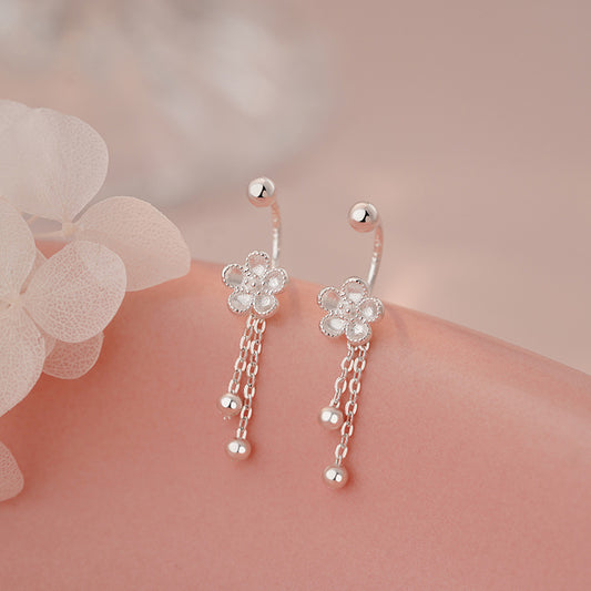 E廠【YC2133E】S999足銀簡約花朵流蘇彎鉤螺絲耳環女氣質文藝甜美可愛耳環 25.06-3