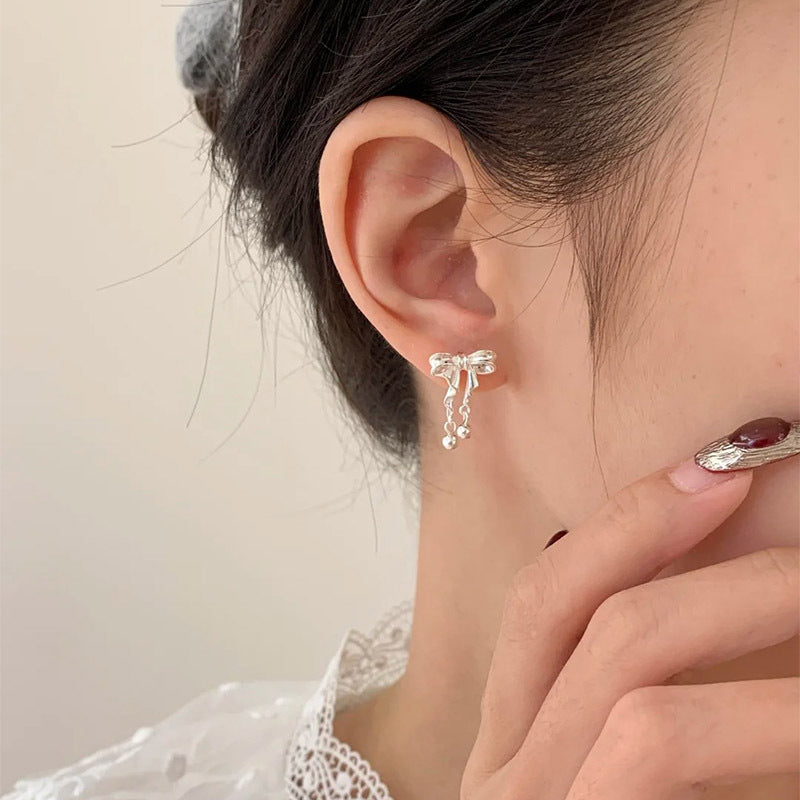 F廠【DQ10790E】999足銀韓系ins風蝴蝶結耳環女小清新甜美圓珠流蘇高級感耳飾 25.04-4