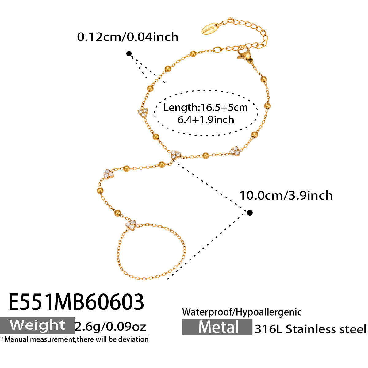 B廠【E550】手指鏈鑲嵌鋯石方塊夾珠鍊手鍊chic歐美時尚輕奢不鏽鋼18k金手飾
26.06-2