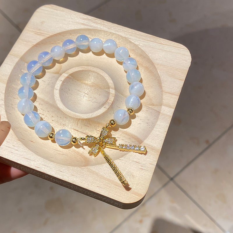 A廠【HB3519】蛋白水晶鋯石蝴蝶結手鍊小眾清新串珠手串高級感時尚百搭手飾手環 25.03-1