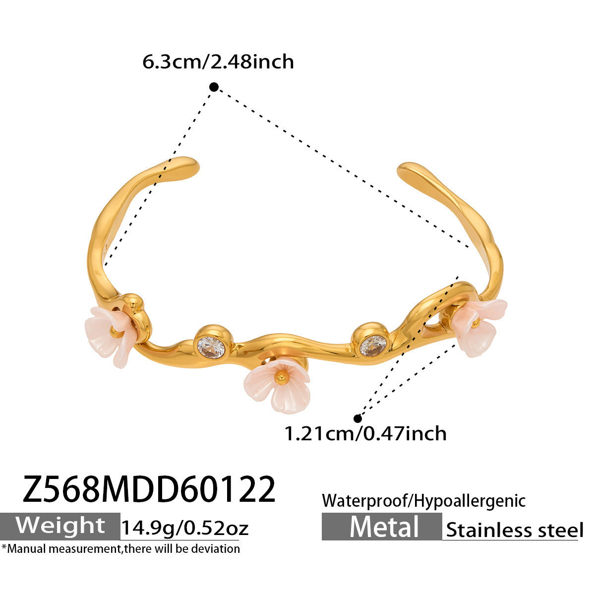 B廠【Z568】新中式ins時尚設計不鏽鋼5A鋯石花朵C型開口手鐲不鏽鋼鍍18k真金
26.01-4
