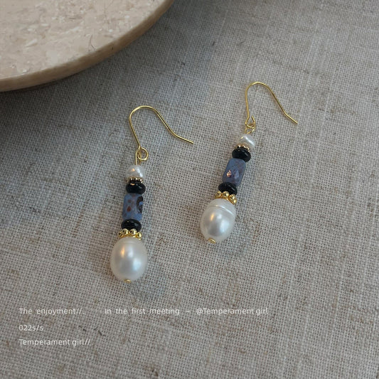 C廠【6559】淡水珍珠文藝復古藏青色秋冬新款手工耳環民族風景區耳飾
 25.10-3