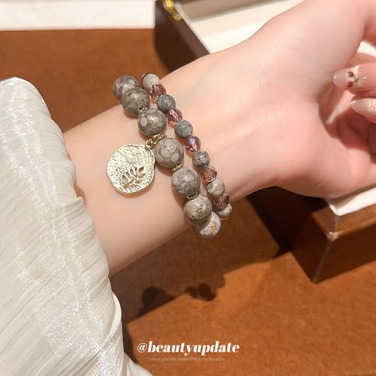 A廠【HB4414】歐美石頭串珠雙層樹葉吊墜水晶手鍊時尚百搭手環輕奢高級感手飾女
 25.09-2