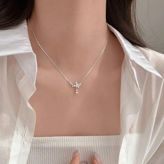F廠【DQ1338N】S925純銀韓版簡約蝴蝶水滴項鍊女小眾高級感精緻閃鋯鎖骨鏈潮 25.04-4