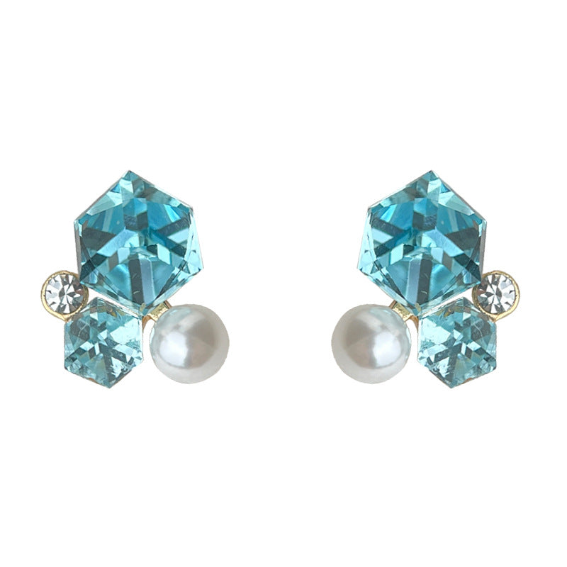 C廠【6179】正品K9海藍寶色玻璃水晶方糖幾何立體小耳環清新甜美通勤新款耳飾 25.06-1