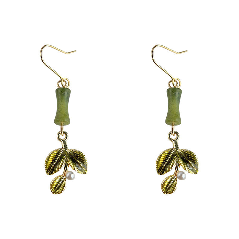 C廠【3869】新中式天然石竹節樹葉手工設計感鍍14K設計師款耳環 24.04-2