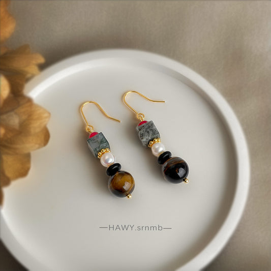 C廠【6705】天然石虎眼石文藝復古國潮民族新中式手工耳環創意耳環飾品女
 25.09-1