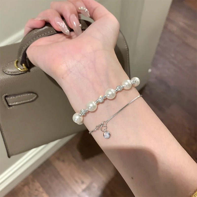 F廠【DQ0548S】法式高級感施家仿珍珠手鍊女S925純銀爆閃圓珠精緻手飾品百搭 25.07-2