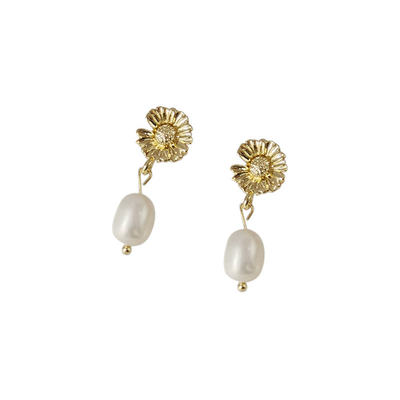 C廠【B-910】925銀針鍍14K淡水珍珠手工耳環 女雛菊日韓簡約耳飾耳環 24.04-2