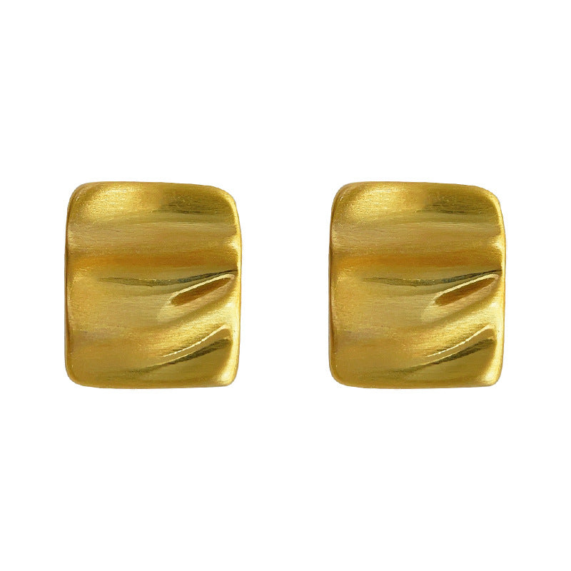 C廠【4122】高級感拉絲面幾何褶皺曲面方形鍍14K耳環女時尚通勤耳飾 24.05-5