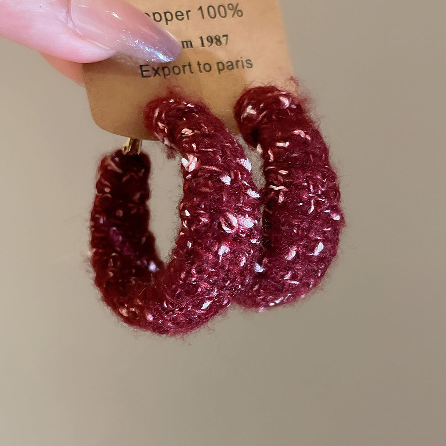 A廠【HE28919】925銀針韓系毛線編織圓形耳圈秋冬款時尚氣質耳環小眾設計感耳飾
 25.10-3