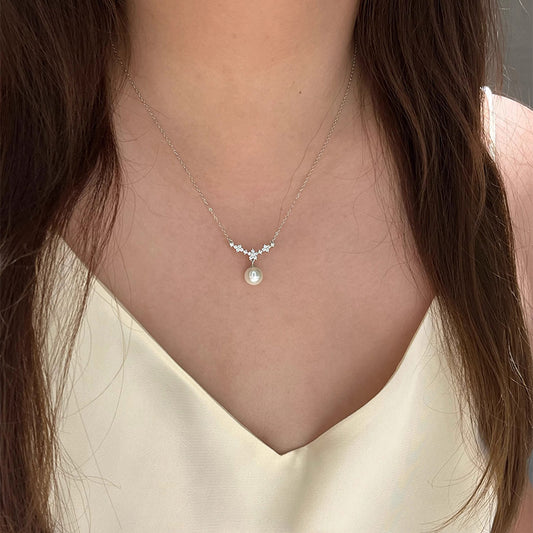 F廠【DQ2064N】S925純銀輕奢小眾施家仿珍珠項鍊女精緻閃鑽花朵高級感鎖骨鏈 25.05-2