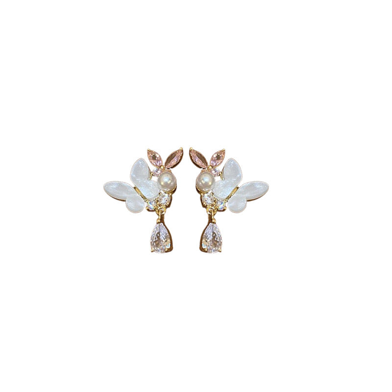 A廠【HE19561】925銀針蝴蝶仿珍珠水滴鋯石耳環甜美輕奢風新款耳環小清新時尚耳飾 24.04-2